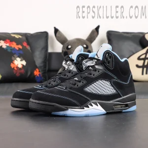 Air Jordan 5 angled view showing black upper with blue lining and side mesh