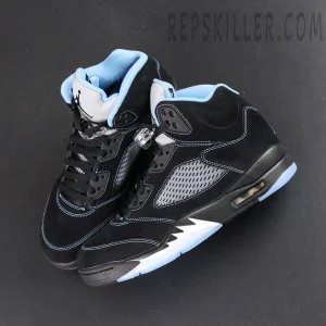 Air Jordan 5 Retro black university blue colorway overall view with icy blue outsole