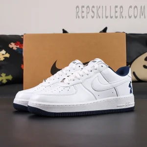 Nike Air Force 1 Low white upper with box display highlighting clean collaboration design